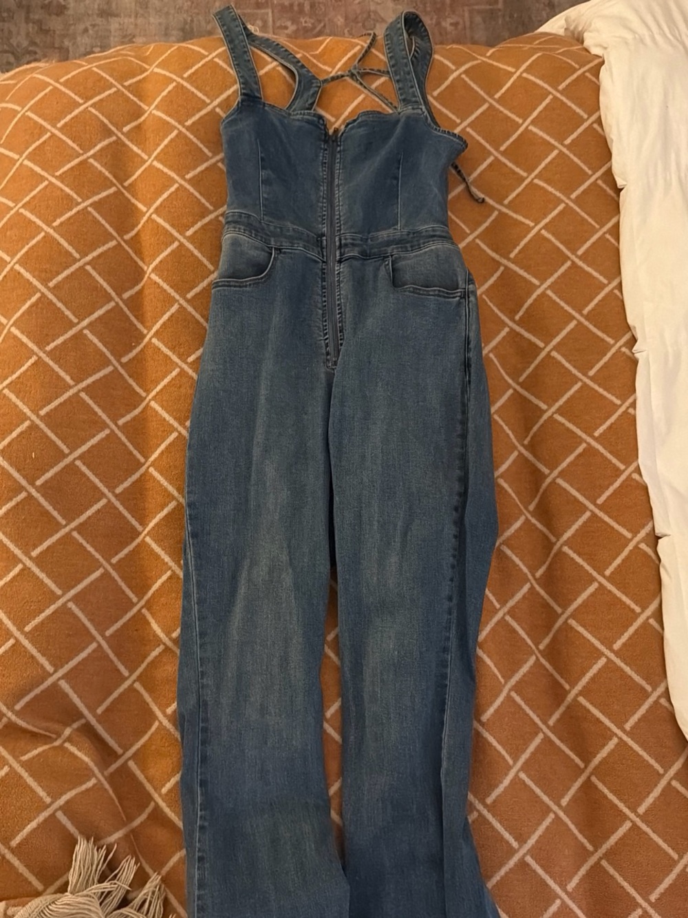 Free People Blue Denim Corset Jumpsuit
